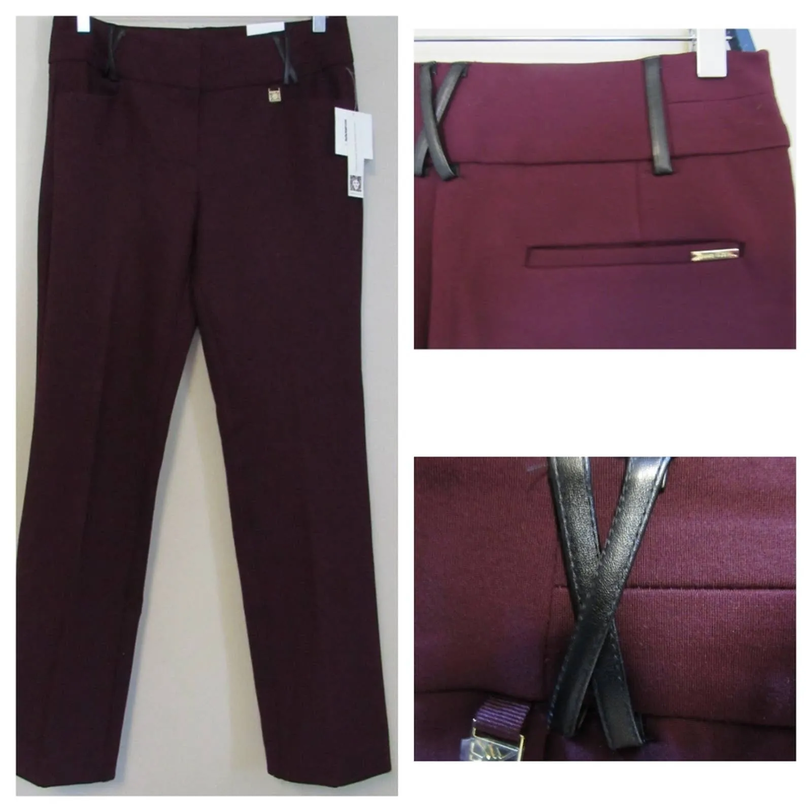 Anne Klein Bootleg Dress Pants Faux Leather Belt loops Burgundy