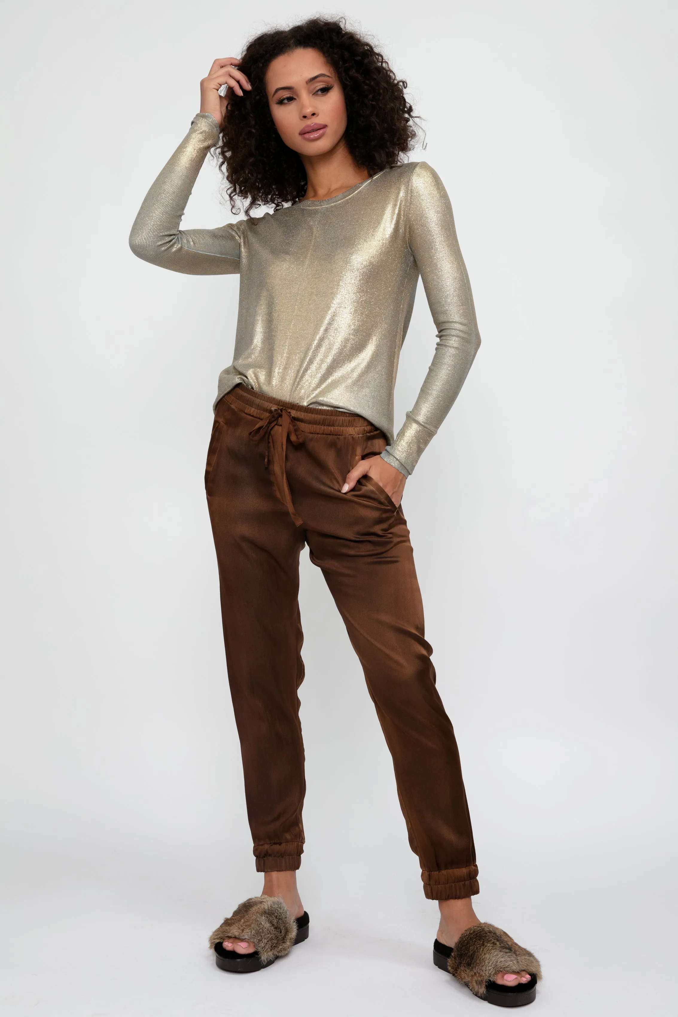 Hand Painted Silk Jogging Pant in Cioccolato
