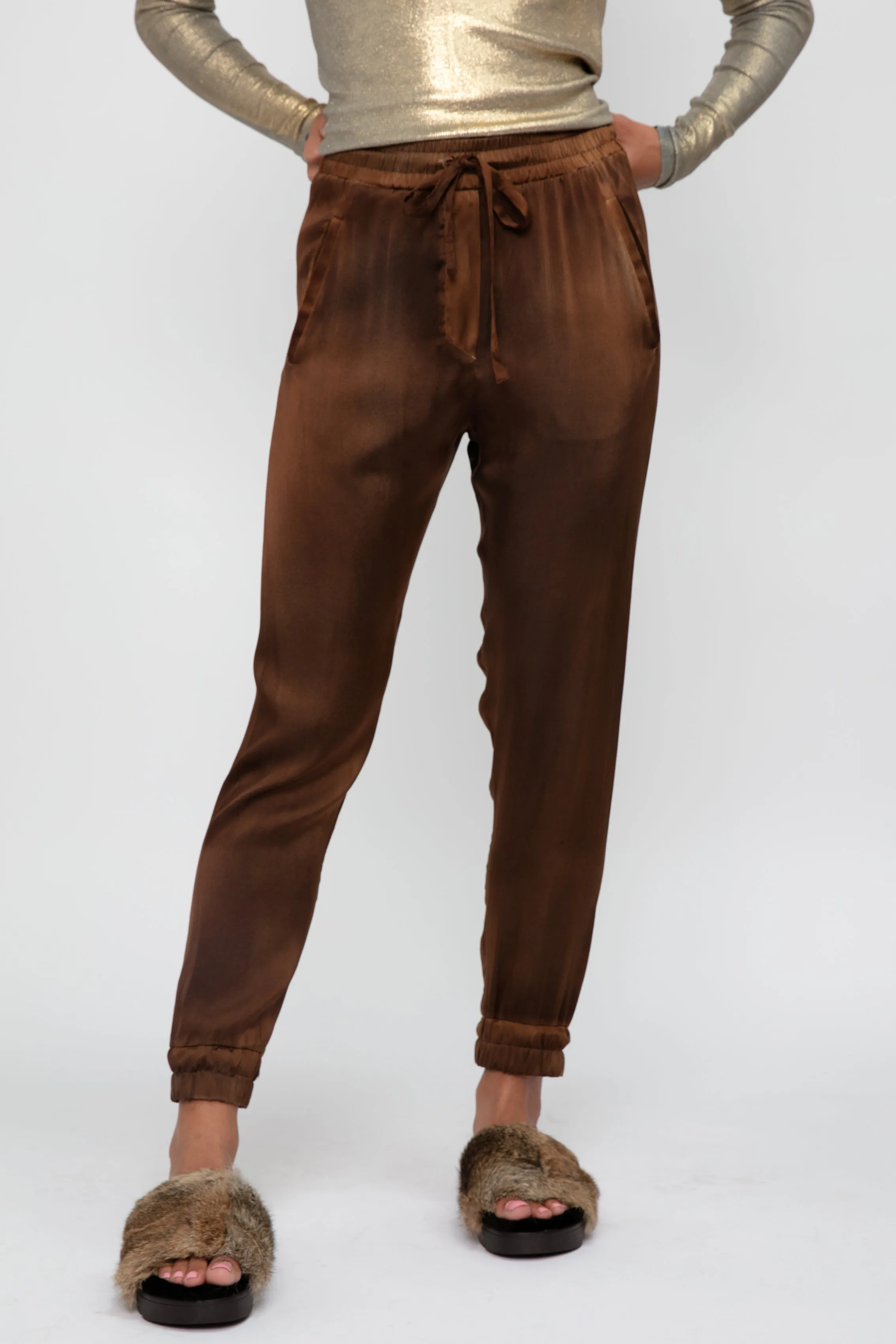 Hand Painted Silk Jogging Pant in Cioccolato
