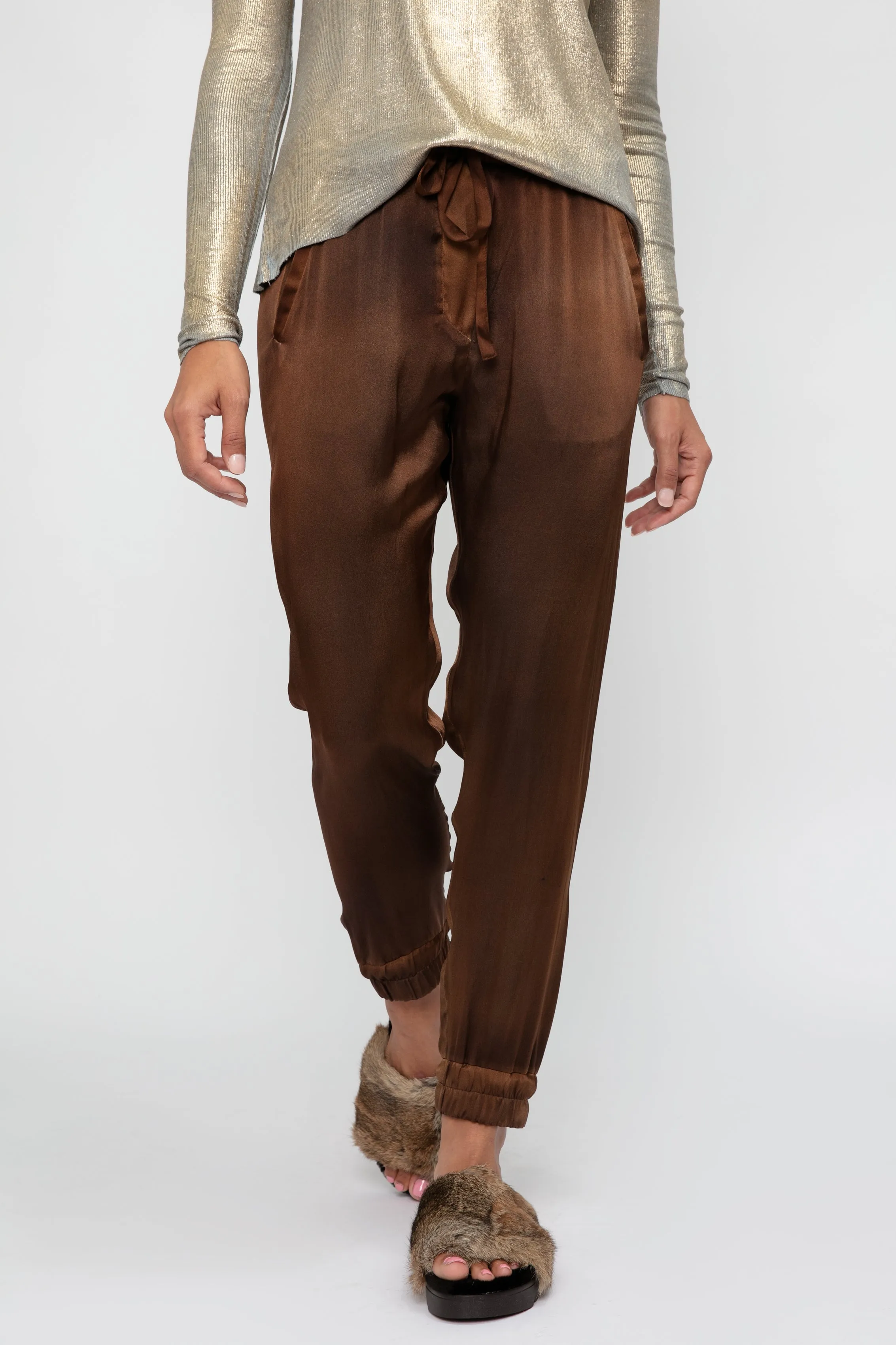 Hand Painted Silk Jogging Pant in Cioccolato