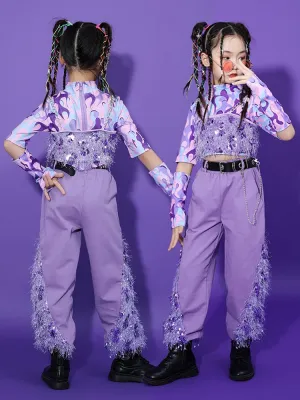 HH0393 Modern Hip Hop- Street- Dance Costume for Girls- Sequin Set-Purple- Stage- Performance
