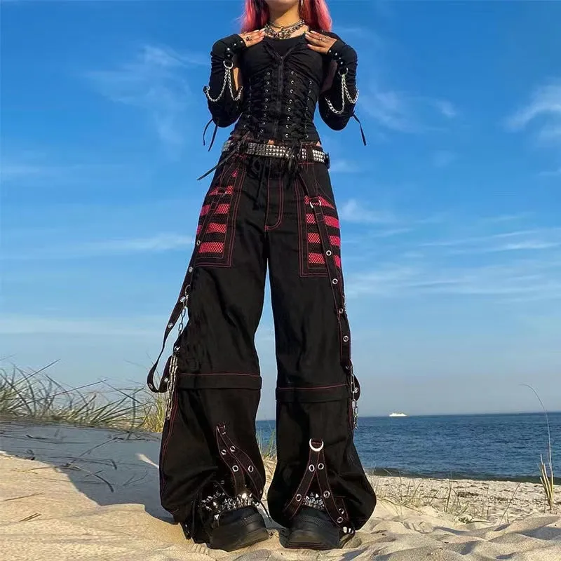 KittenAlarm - Mojoyce Dark Academia Jogging Femme Oversize Chain Bandage  Trousers Streetwear 90S Y2K Gothic Cargo Pants Woman Wide Leg Pants Punk