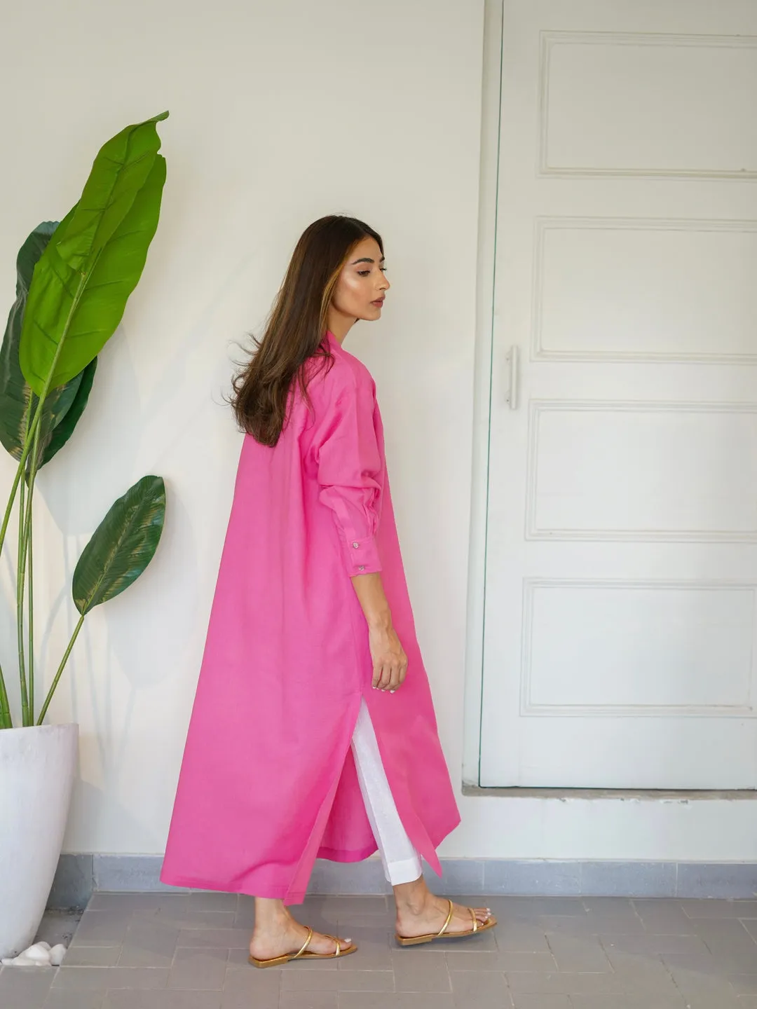 Oversized Linen Shirt Dress In Pink