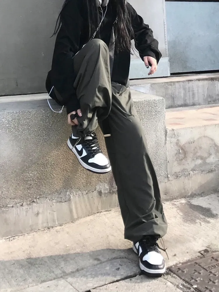 Wenkouban Harajuku Green Cargo Pants Women Oversize Korean Streetwear Wide Leg Black Trousers Female Hip Hop Jogging Sweatpants