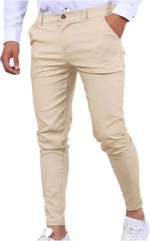 wodceeke Business Skinny Pants for Men Zipper High Waist Solid Color Pants Casual Stretchy Tapered Suit Trousers with Pocket